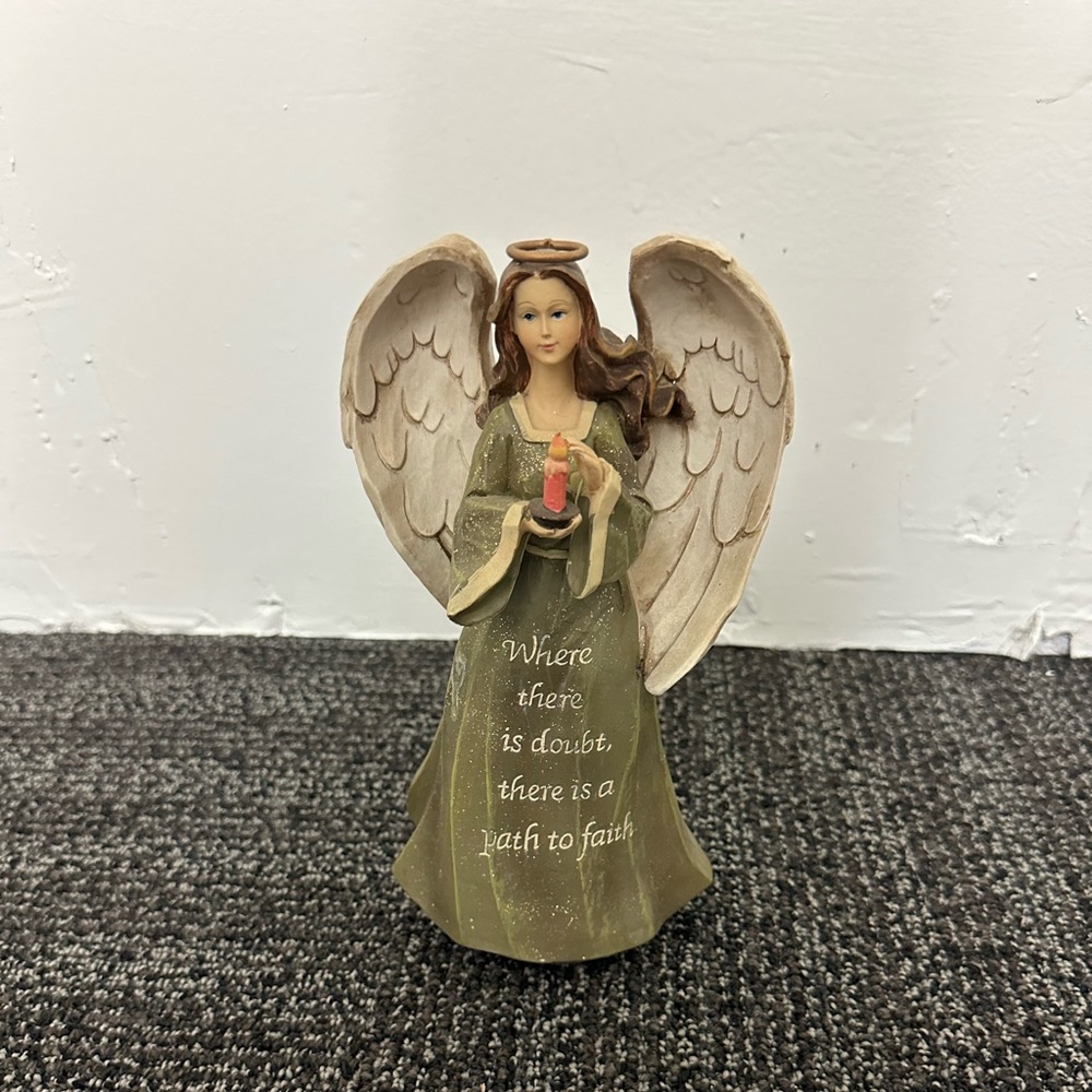 WOOD CARVED LOOK INSPIRATIONAL ANGEL HOLDING CANDLE 8 INCHES TALL MESSAGE